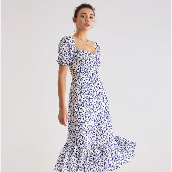 Commense Short Puff Sleeve Floral Tie Neck Midi XS Dress NWT - Picture 1 of 5